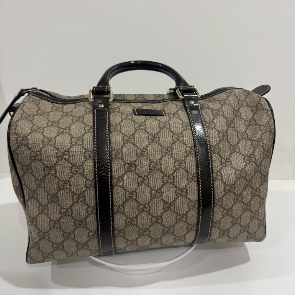 Gucci Brown GG Supreme Canvas Boston Bag with Dark Brown Leather Trim